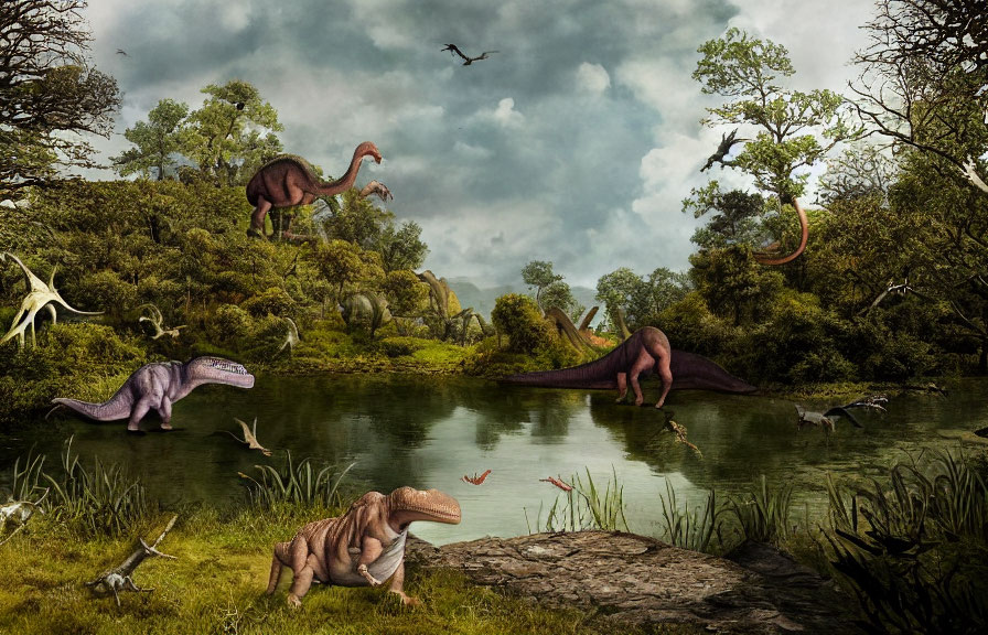 Prehistoric dinosaur scene by water with lush greenery