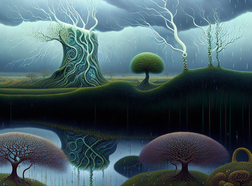 Surreal landscape with trees, lightning, hills, water reflections