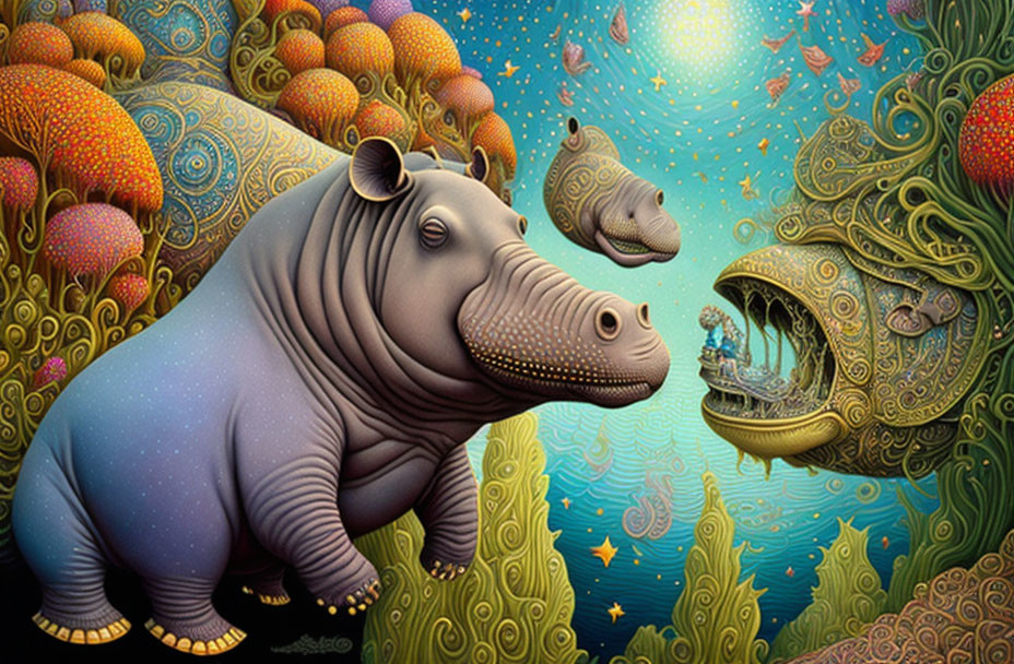 Colorful surreal artwork: stylized hippopotamus, fish, and cosmic backdrop