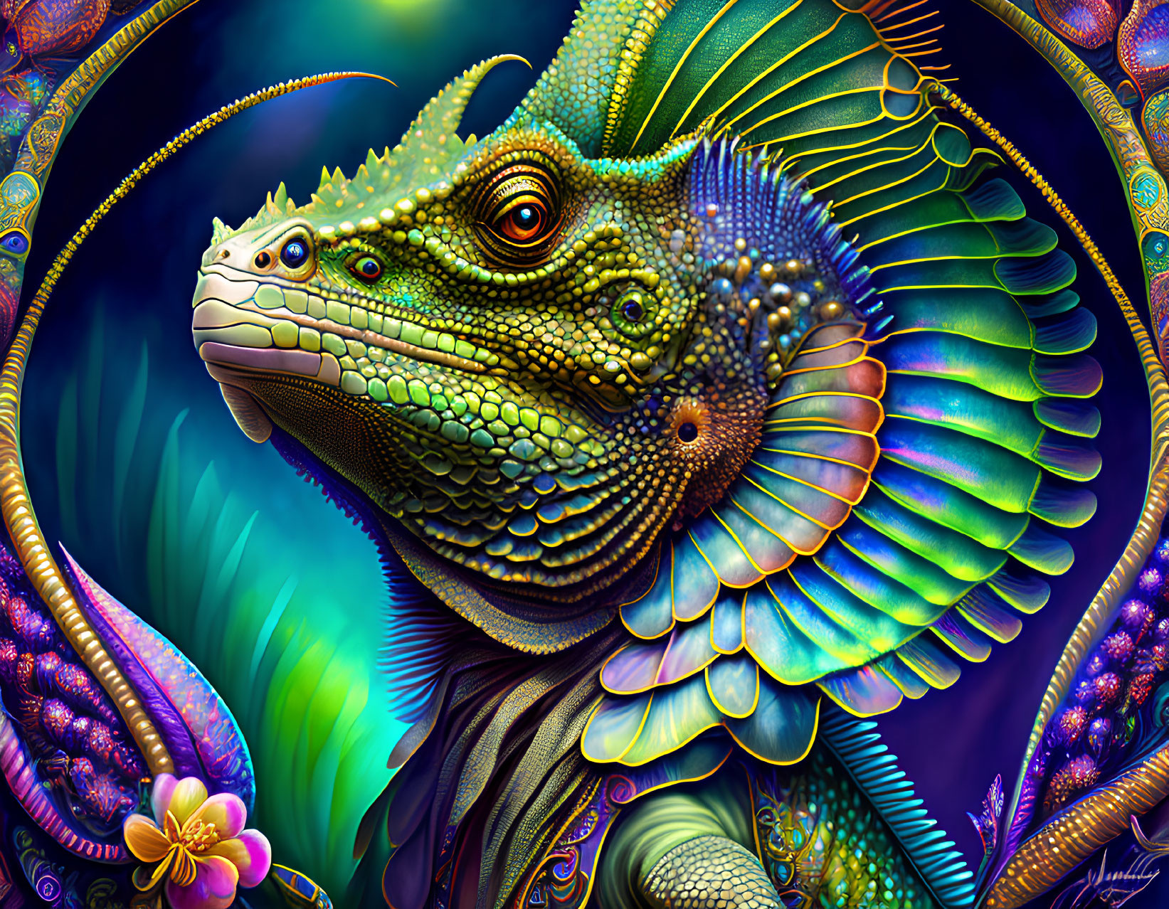 Detailed colorful iguana with frill on vivid floral background