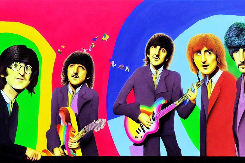 Vibrant band artwork with guitars and rainbow background