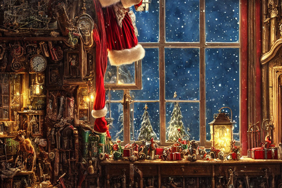 Christmas Santa Claus scene with window view and festive decorations