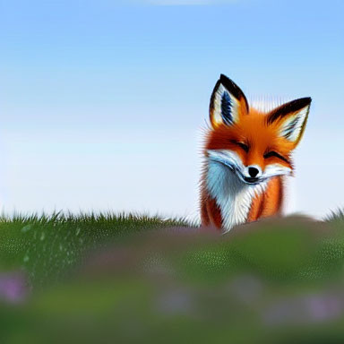 Smiling fox digital illustration on grassy knoll