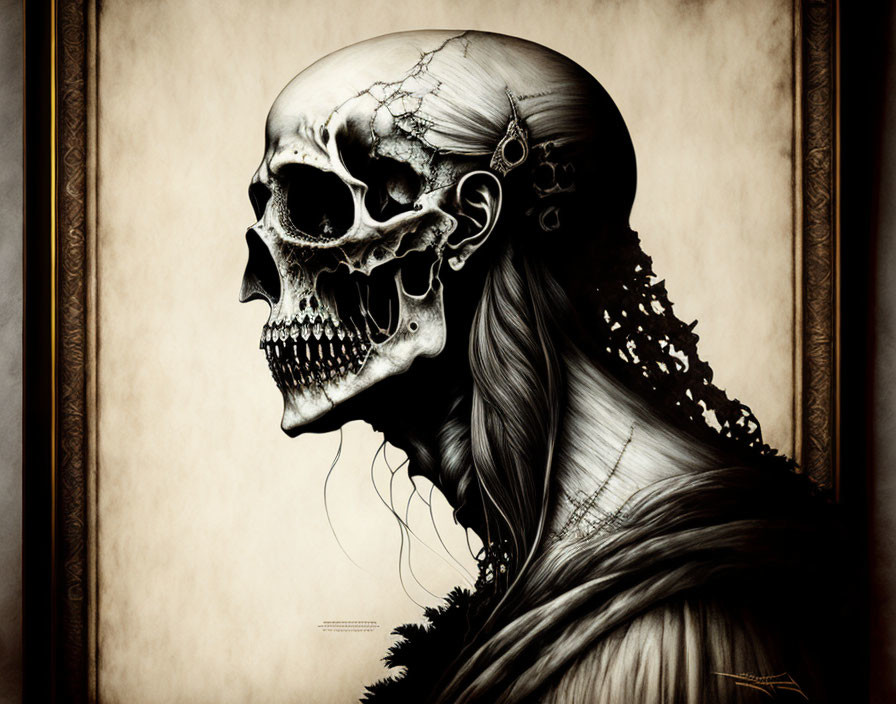 Detailed Gothic Skull Illustration with Long Flowing Hair in Vintage Frame