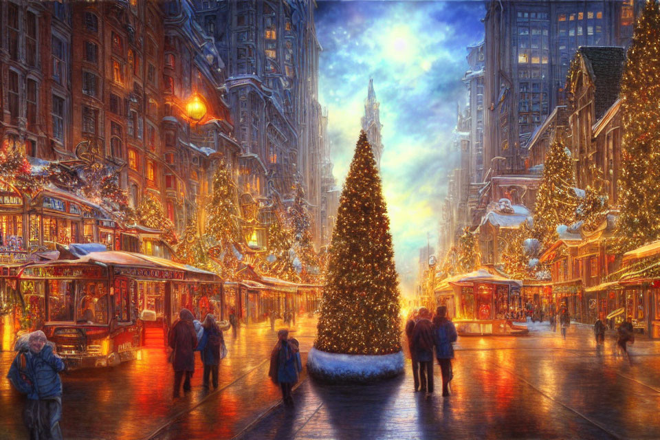 City street with Christmas decorations, lights, large tree, and people walking at twilight