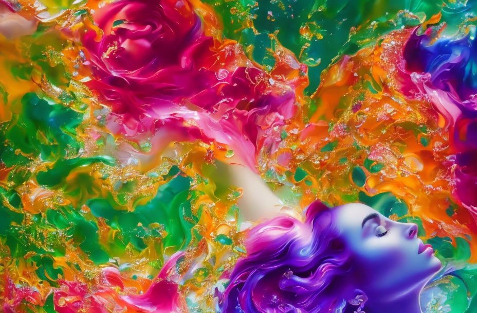Colorful Abstract Art: Woman's Face with Purple Hair in Liquid Swirls