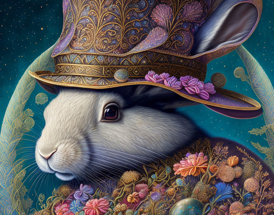 Detailed illustration of rabbit in ornate hat with floral patterns on starry background