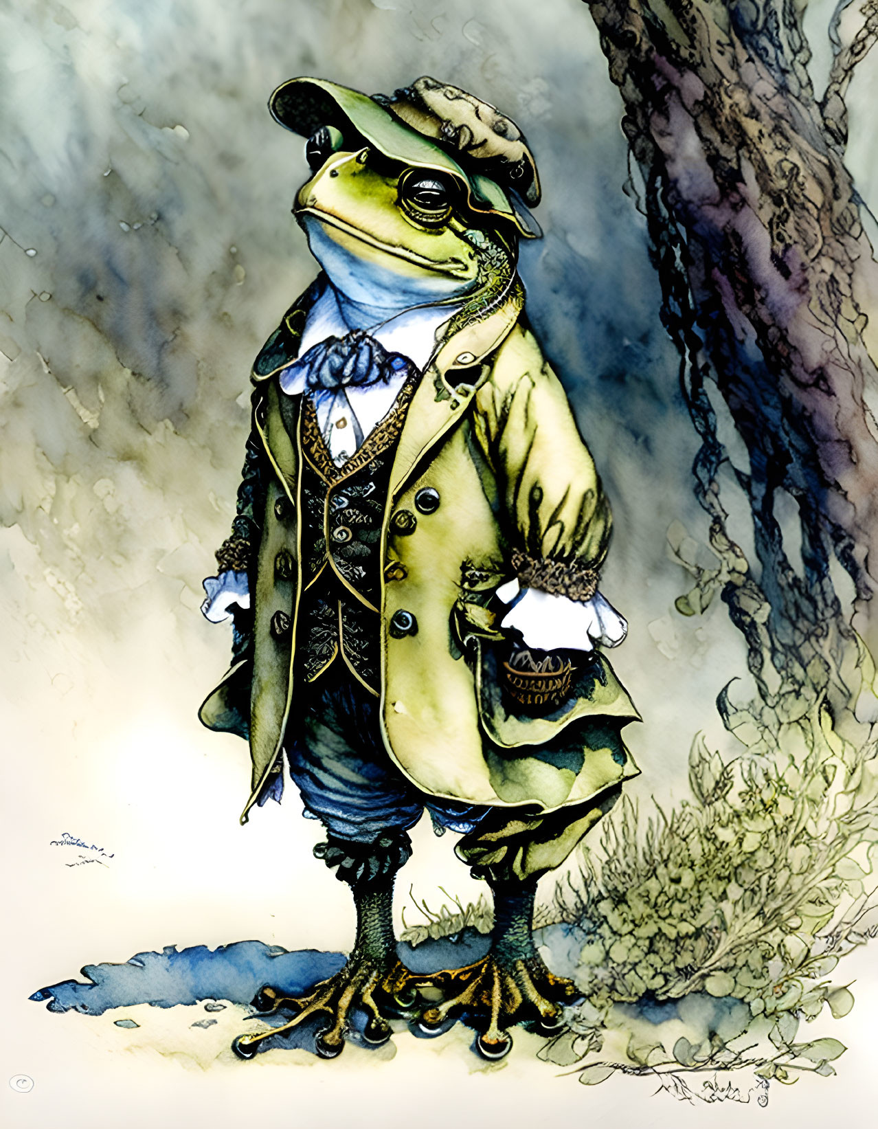 Regal anthropomorphic frog in coat and glasses by tree roots