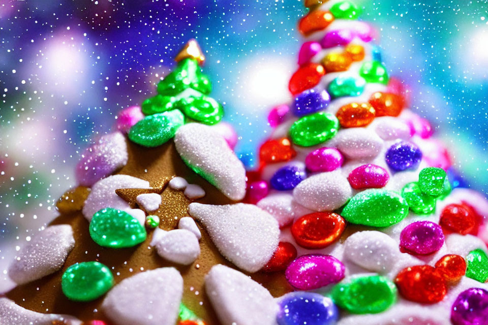 Vibrant Christmas tree gingerbread cookies with colorful candies and icing