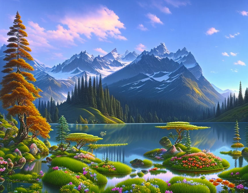 Tranquil landscape with reflective lake, vibrant greenery, colorful flowers, snow-capped mountains,