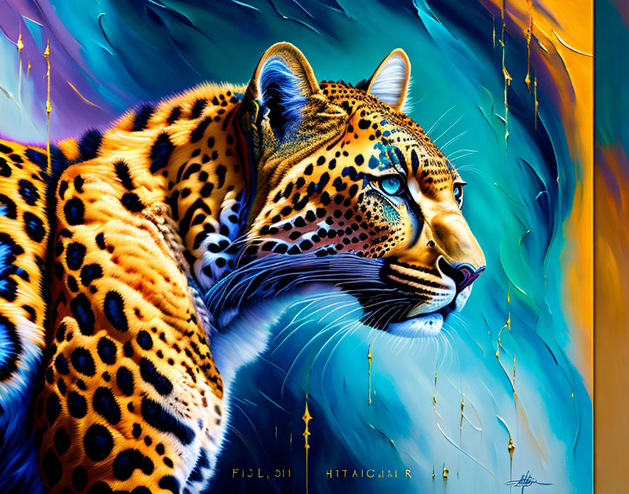 Colorful Digital Painting of Jaguar with Blue and Yellow Hues
