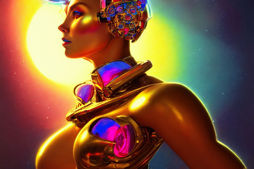 Golden-skinned cyborg woman with mechanical parts against glowing orb backdrop