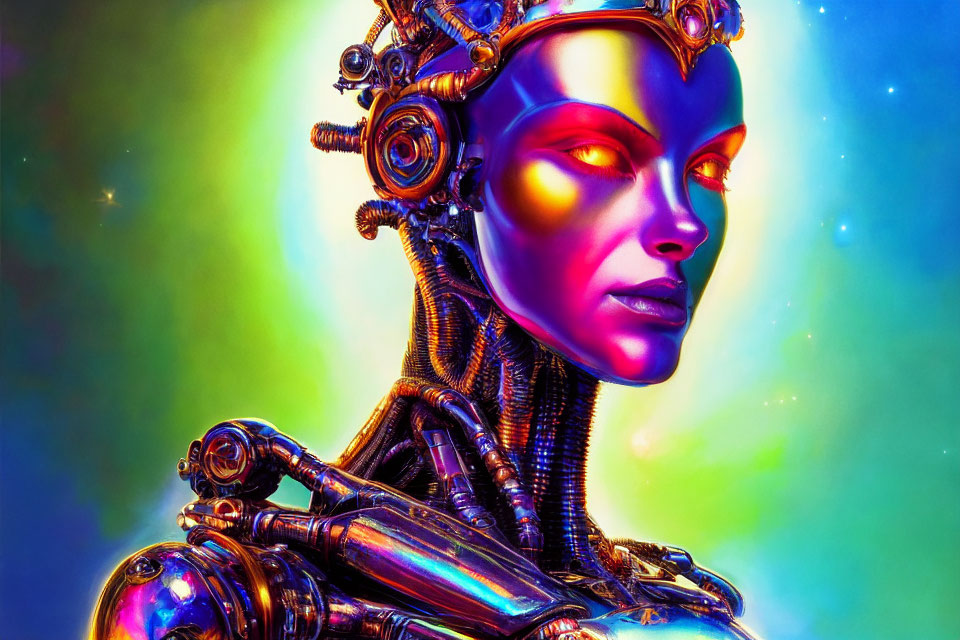 Colorful Female Android with Metallic Surface in Cosmic Background