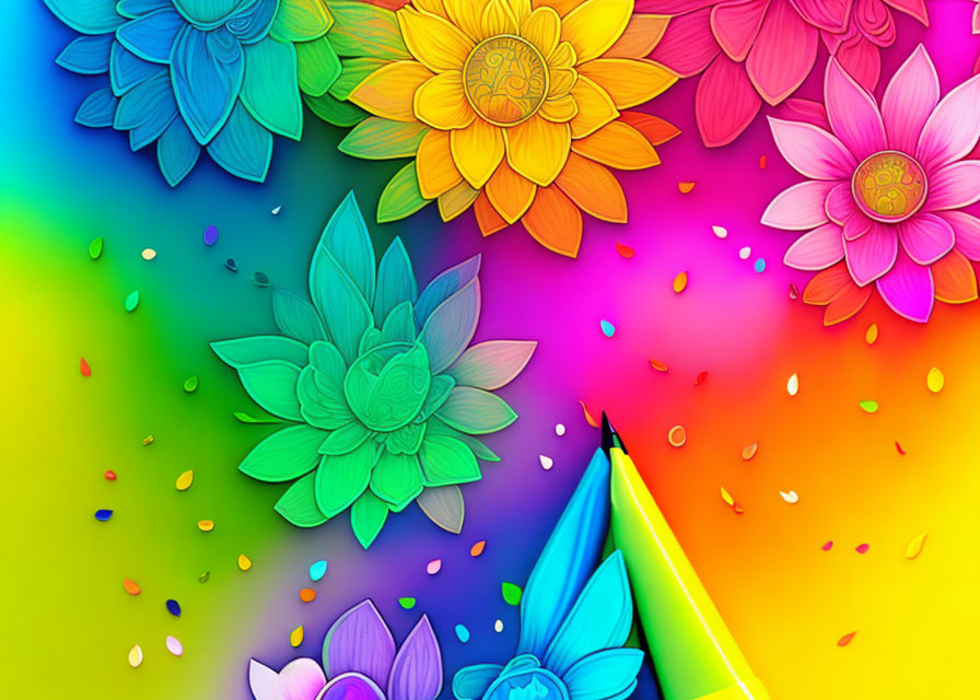 Colorful Gradient Background with Layered Flower Design in Blue, Green, Yellow, and Pink