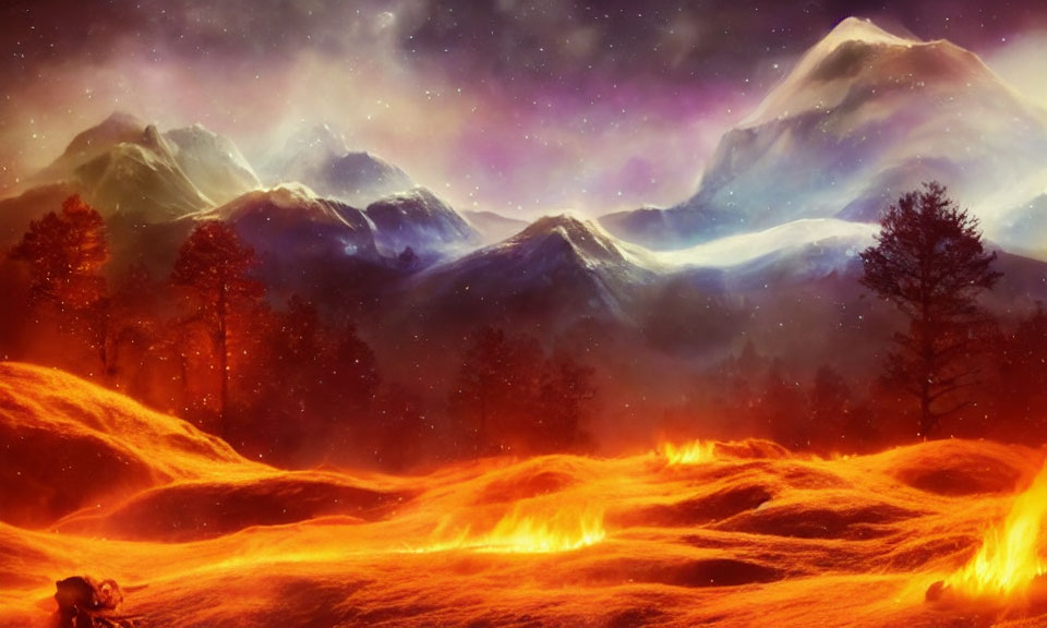 Molten lava flows, red-orange trees, snow-capped mountains, and starry sky