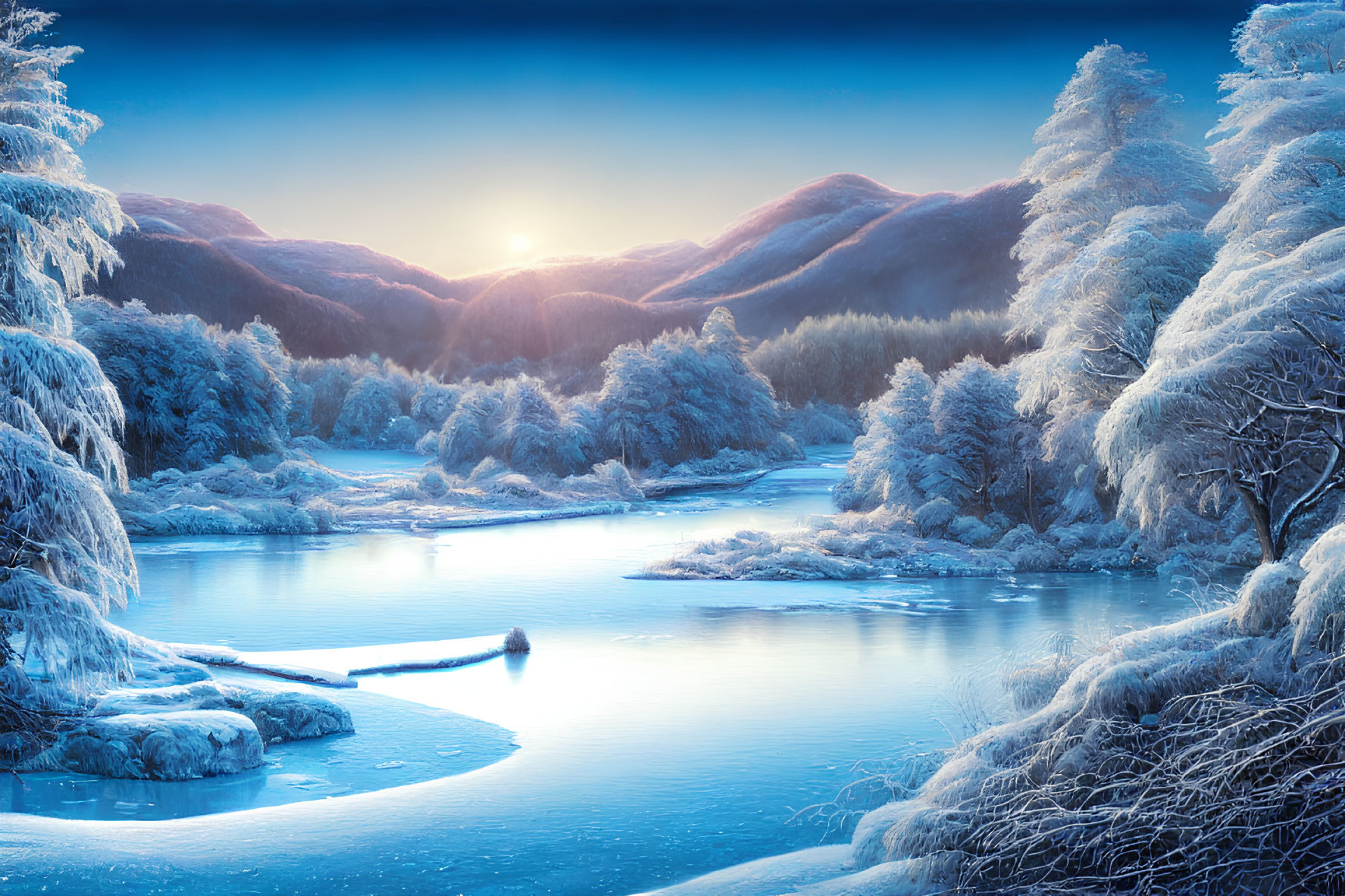 Snow-covered trees, frozen river, mountains: Serene winter landscape at sunrise