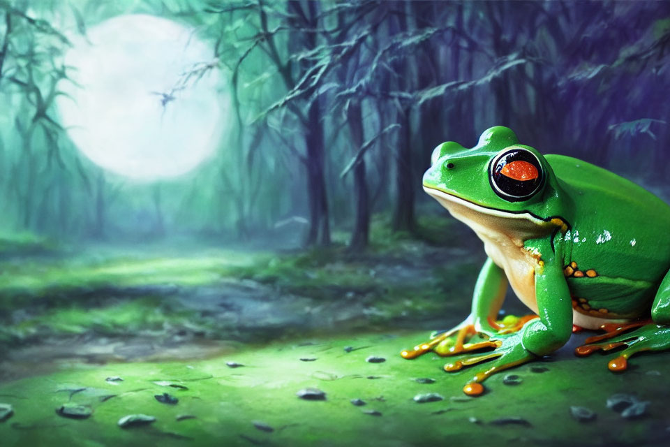 Vibrant green frog with orange feet on leaf-strewn path in misty forest under glowing