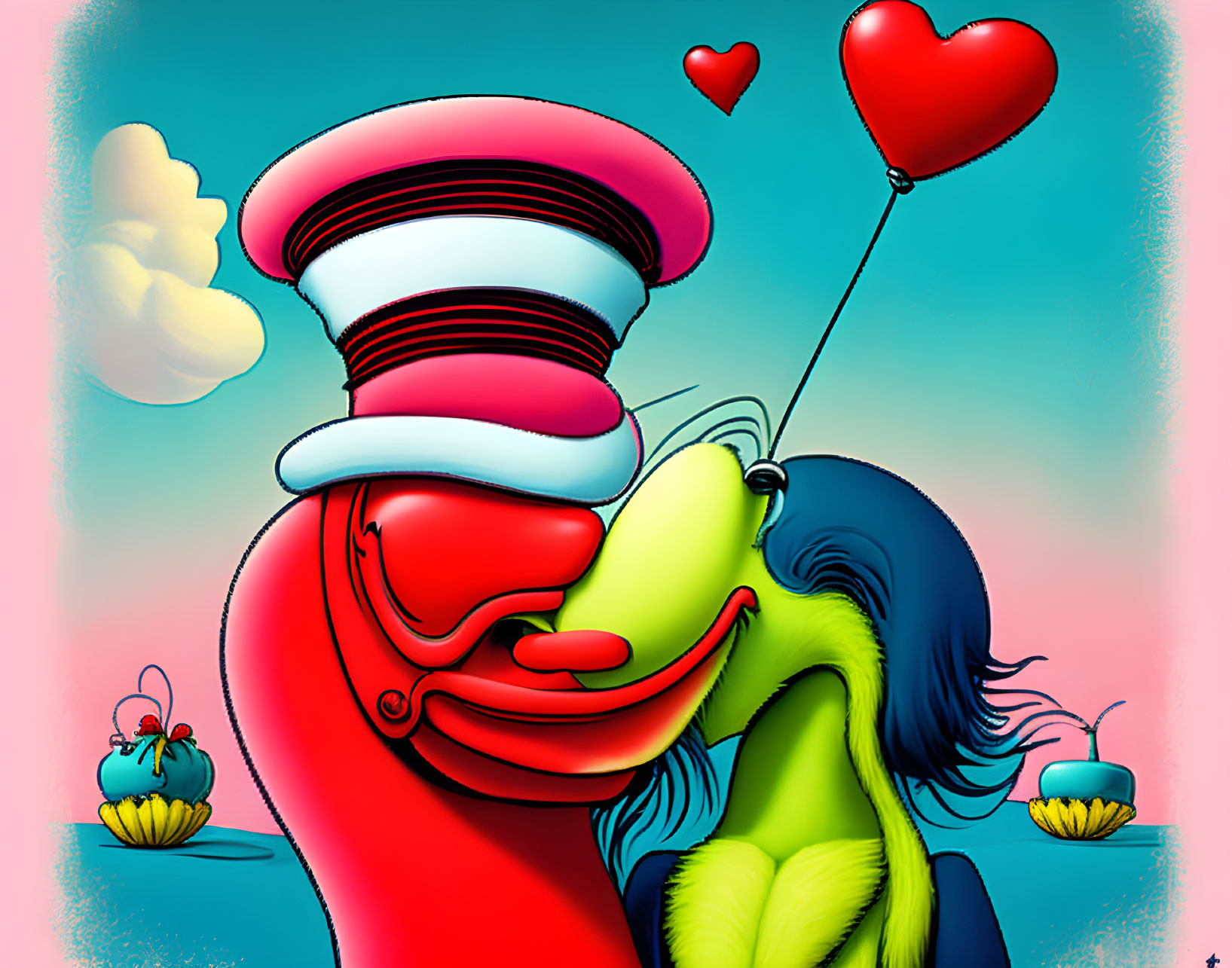 Cartoon characters kissing under blue sky with heart balloon and cupcakes