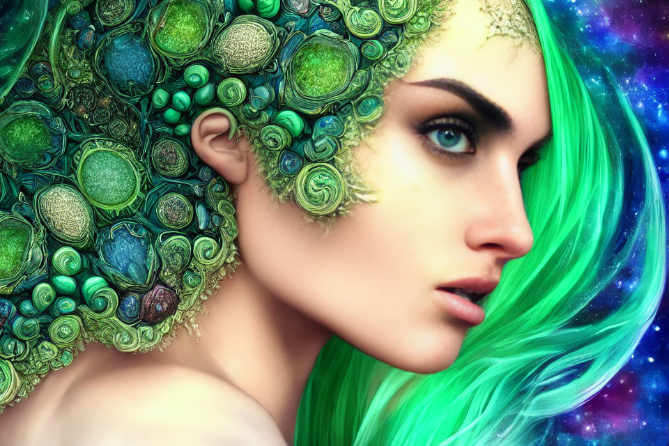 Green-haired woman with cosmic background and intricate green-textured circle headpiece