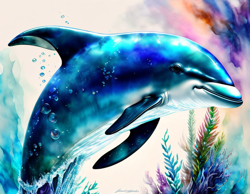 Colorful Dolphin Illustration Leaping in Cosmic Texture
