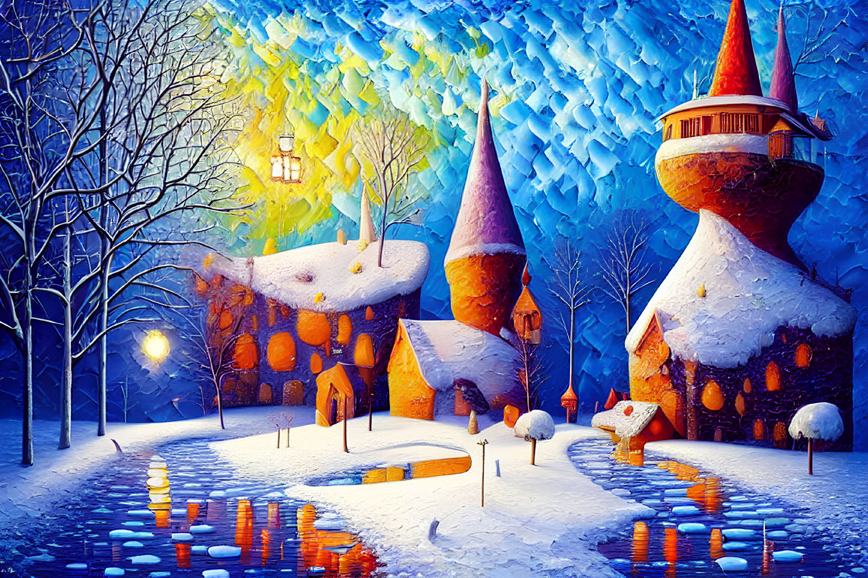 Colorful Winter Scene Painting with Snow-Covered Houses and Starry Sky
