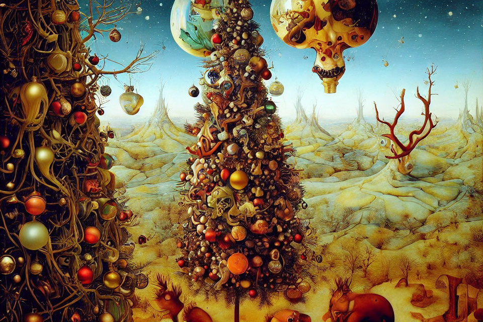 Surreal landscape with decorated tree and floating objects