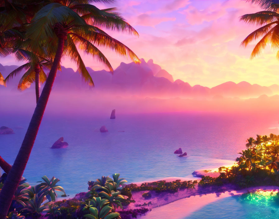 Tropical Sunset with Palm Trees, Mountains, Sea, and Bioluminescent Beach