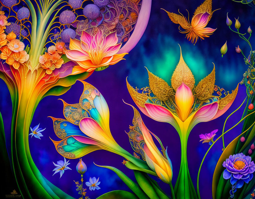 Colorful Fantasy Floral Scene with Intricate Patterns & Fantastical Elements
