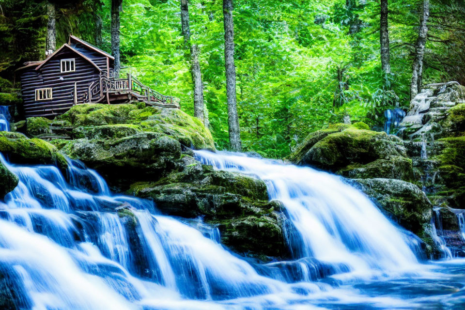 Tranquil waterfall over mossy rocks with cabin in lush forest