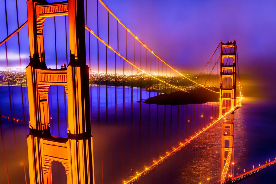 Twilight view of Golden Gate Bridge lights reflecting on water