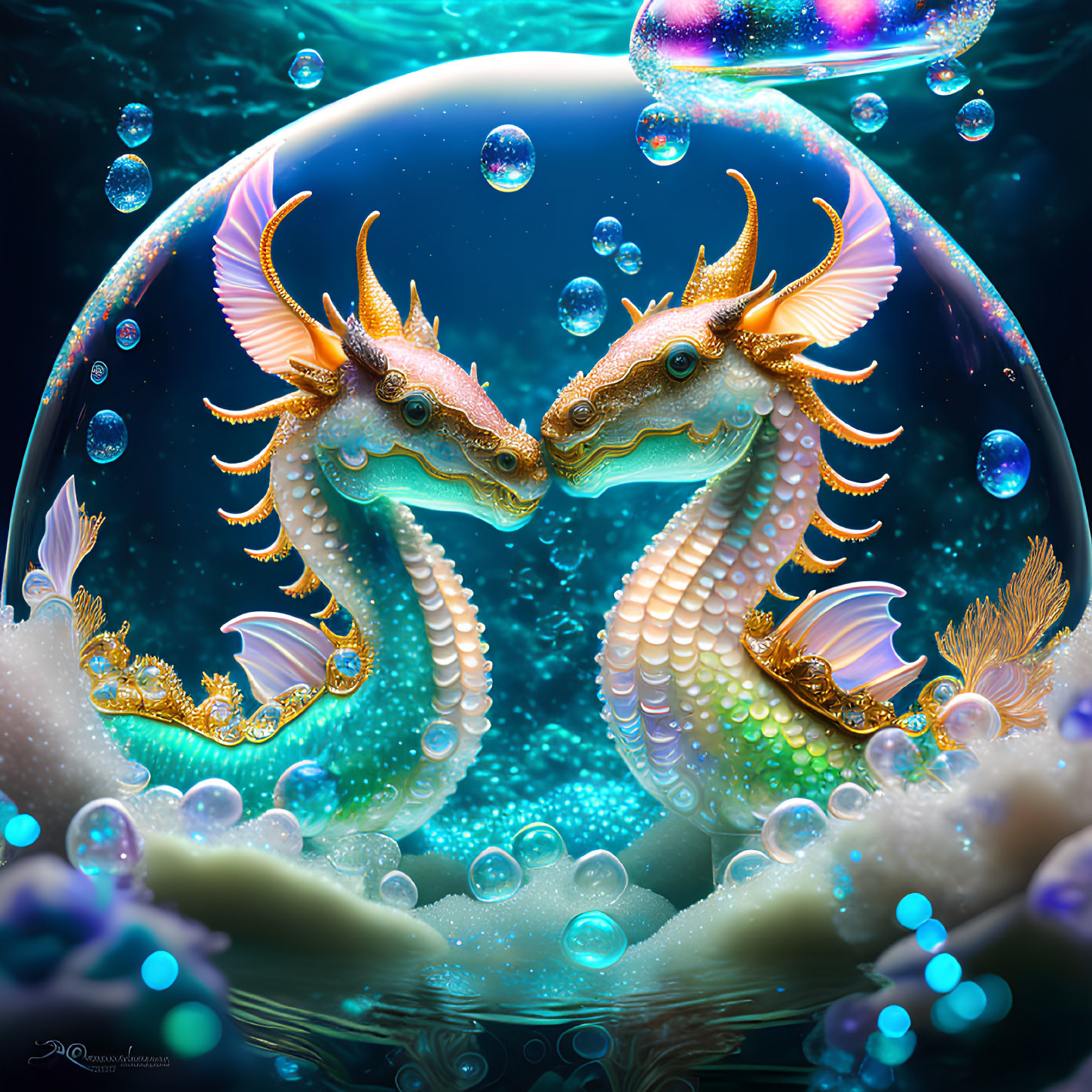 Intricately designed dragon artwork with horns and feathers in underwater setting