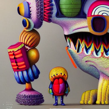 Vibrant surreal artwork: small figure with backpack meets large, textured creature