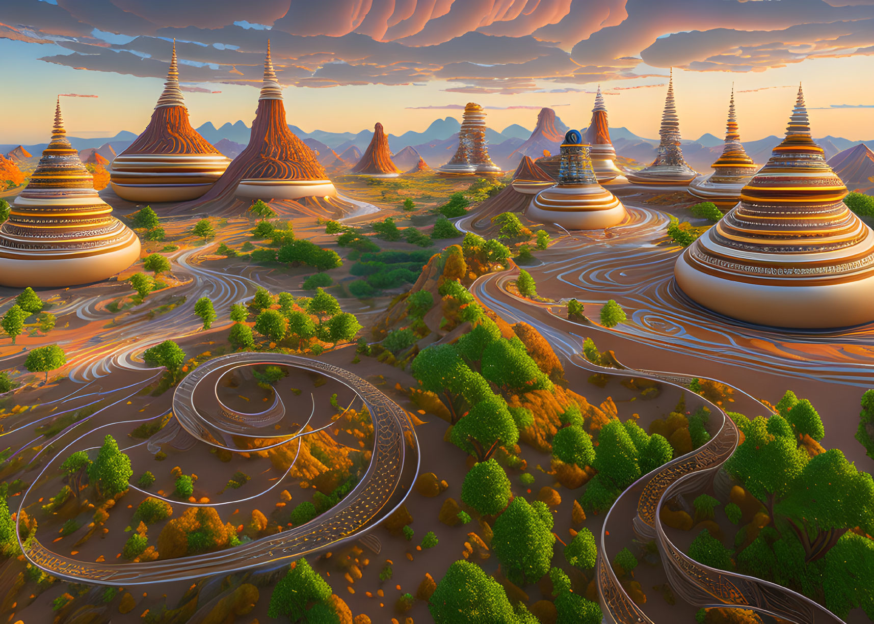 Futuristic landscape with terraced mountains and swirling roads