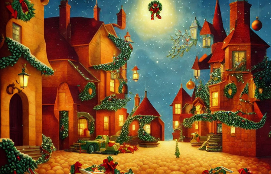 Charming Christmas village with Santa on sleigh at night