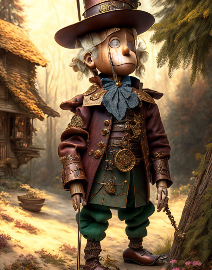 Detailed Victorian-style steampunk automaton in forest setting
