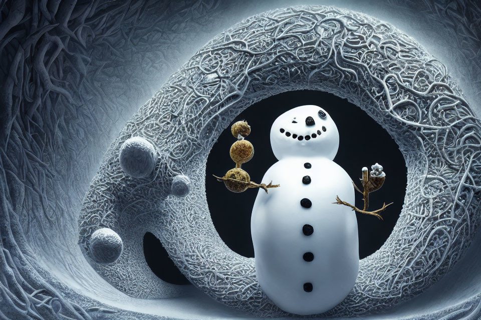 Whimsical snowman in surreal snowy landscape
