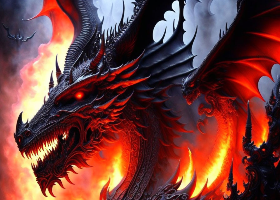 Menacing black-scaled dragon with red eyes in fiery scene