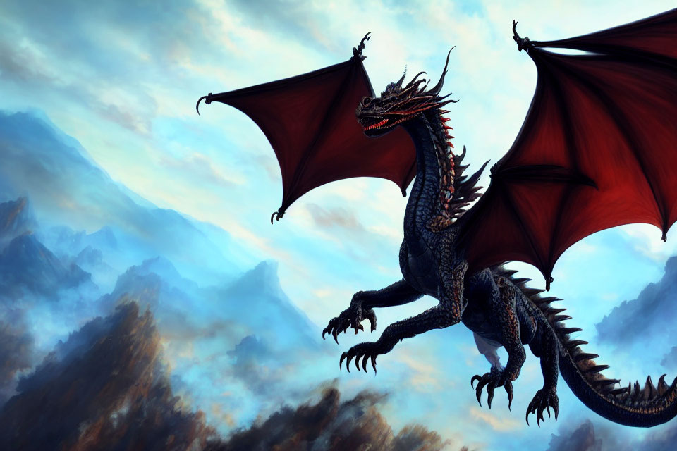 Majestic red-winged dragon flying over misty mountains under blue sky