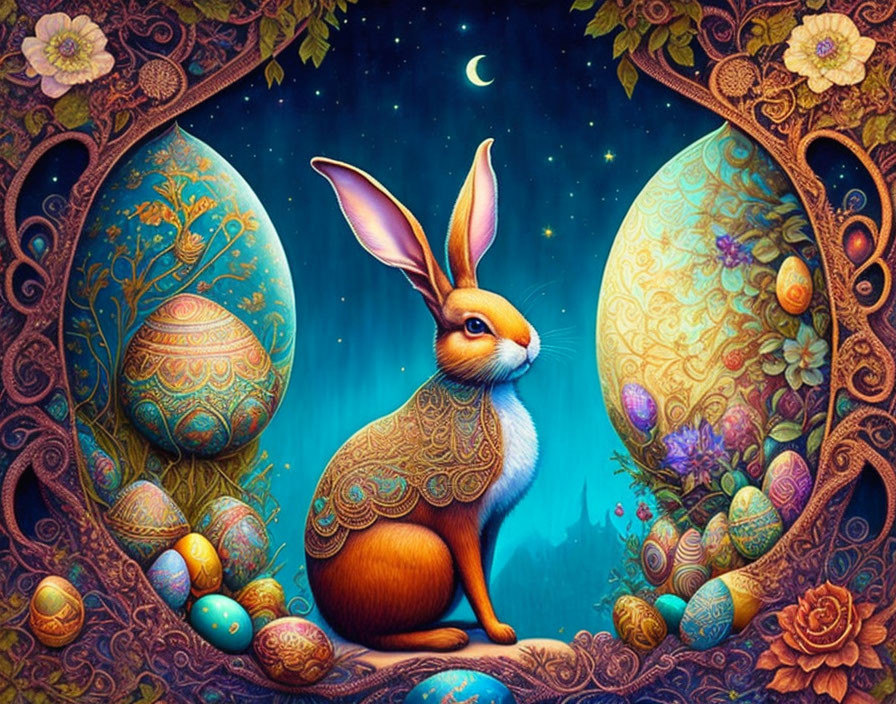 Colorful rabbit with Easter eggs in floral setting under night sky