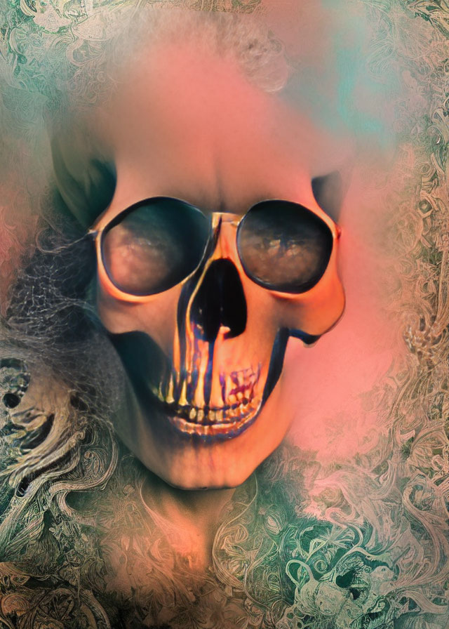 Skull superimposed on person's face against multicolored backdrop