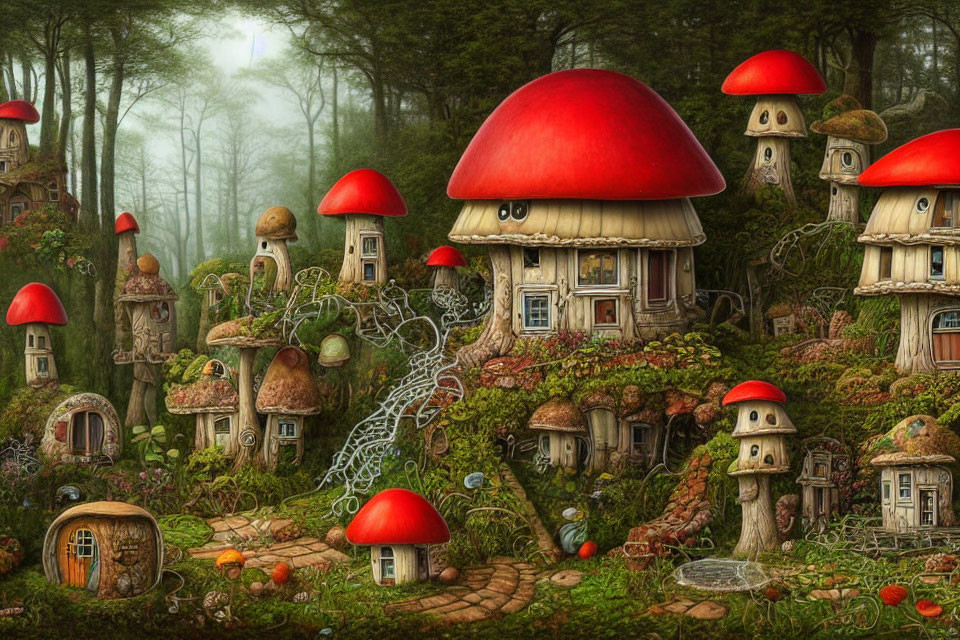 Enchanting forest scene with mushroom houses and lush greenery