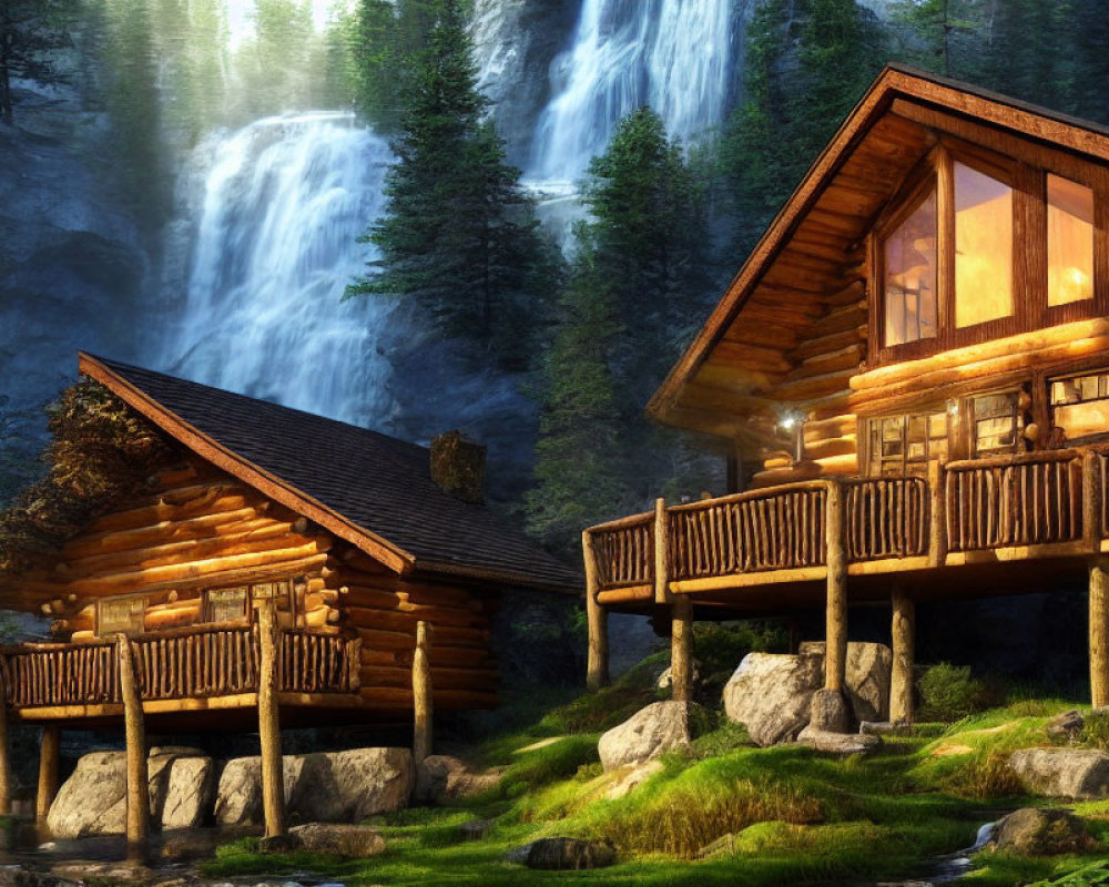 Rustic log cabin near waterfall in forest landscape at dusk