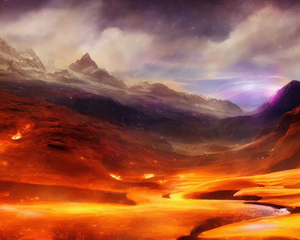 Fantastical Landscape with Lava Rivers and Nebulae Sky