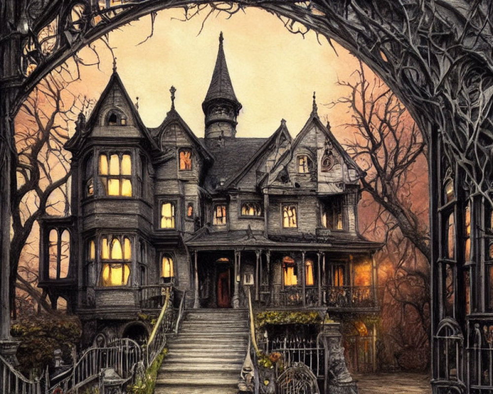 Gothic-style mansion at twilight with bare trees and lit windows