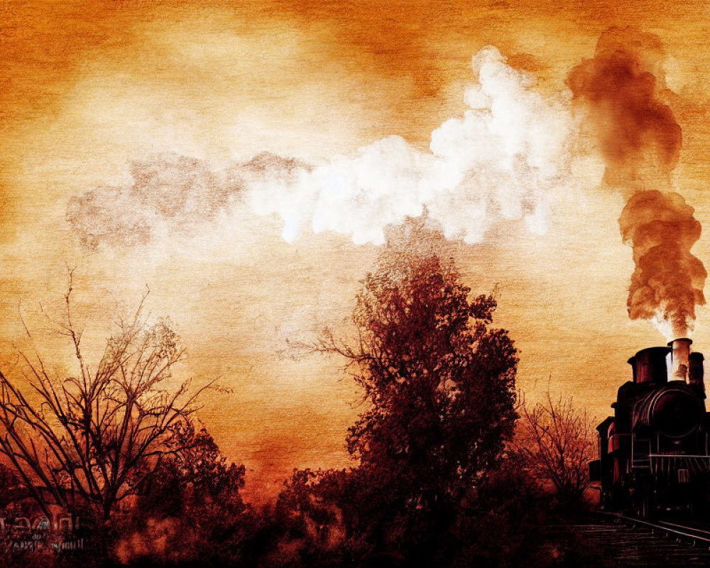 Vintage-style image of steam train on tracks with smoke, silhouetted trees, orange sunset background