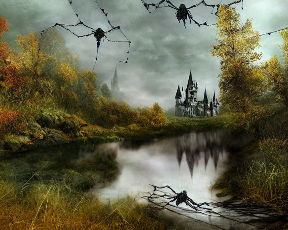 Spooky Autumn Landscape with Gothic Castle and Spiders