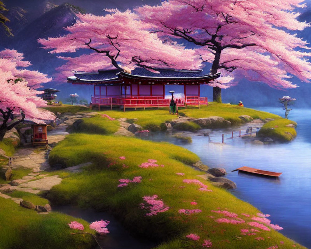 Tranquil landscape with red building, cherry blossoms, river, and greenery