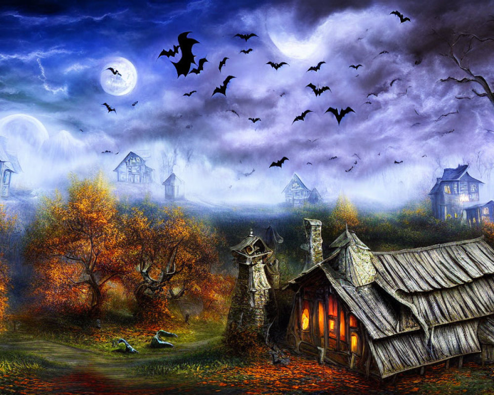 Spooky Halloween-themed image with haunted house, bats, full moon, and autumn trees
