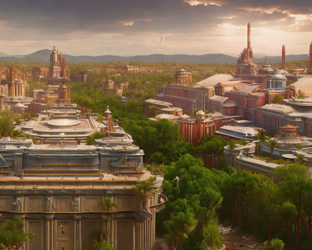 Majestic fictional cityscape with ornate buildings, domes, and spires in lush green