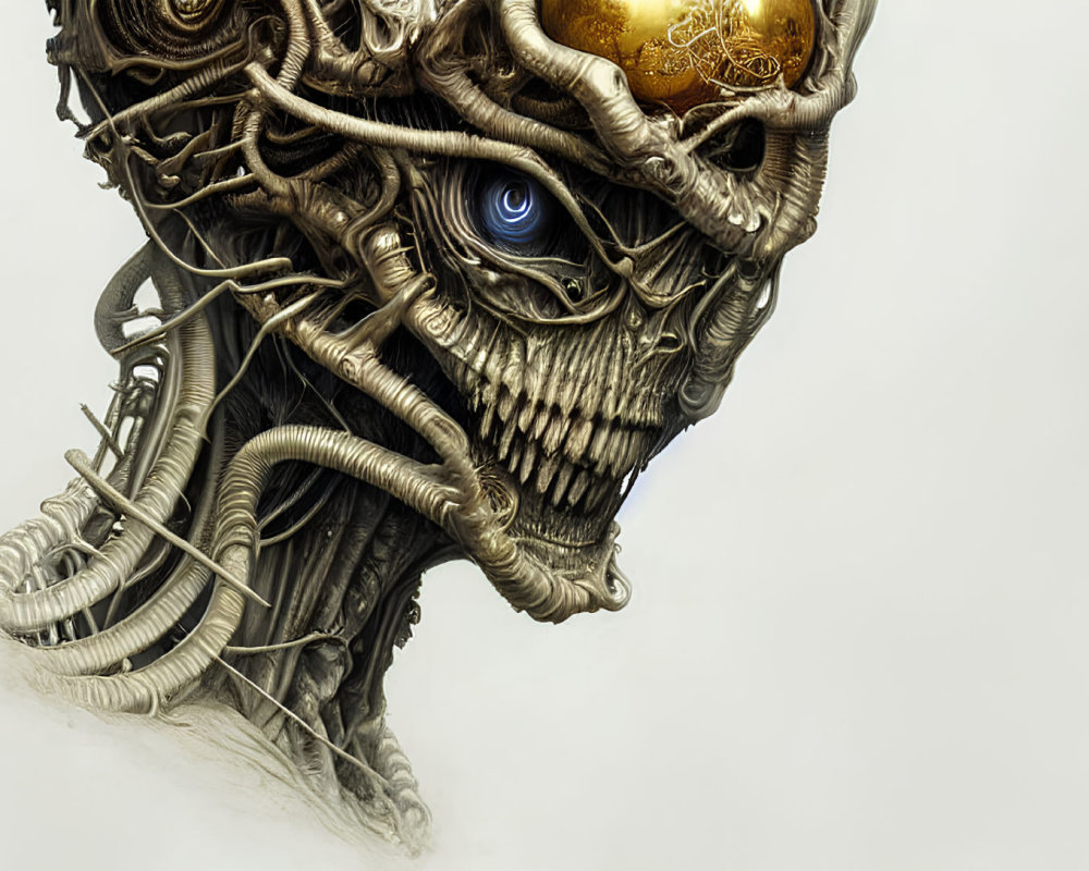 Surreal skull illustration with biomechanical features and blue eye